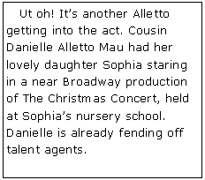 Text Box:    Ut oh! It�s another Alletto getting into the act. Cousin Danielle Alletto Mau had her lovely daughter Sophia staring in a near Broadway production of The Christmas Concert, held at Sophia�s nursery school. Danielle is already fending off talent agents.